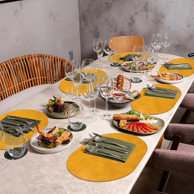 ADRIMER Placemats, Heat Resistant Oval Placemats Set of 4 Washable 12 x 17 Inch, Waterproof Table Mats, Wipeable Pu Place Mats for Kitchen, Dining Room, Yellow