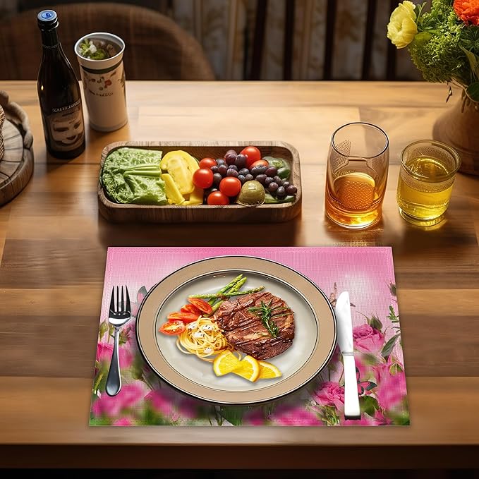 Spring Pink Rose Placemats Set of 4, Floral Butterfly Linen Place Mats Heat Resistant Non-Slip Washable Table Mats for Dining Kitchen Party Decor 12"x18"