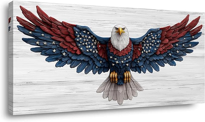 Bald Eagle Canvas Wall Art American Eagle Wall Décor -American Bald Red Blue Flag Canvas Wall Art Usa Independence Day Prints Painting Ready to Hang for Living Room, Bedroom, Office, Dorm 46L" x 23W"