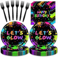 48pcs Neon Party Decoration Set,16 Dessert plate,16 Napkin And 16 Fork,16 persons Disposable tableware,Used Let Glow Birthday Party Supplies