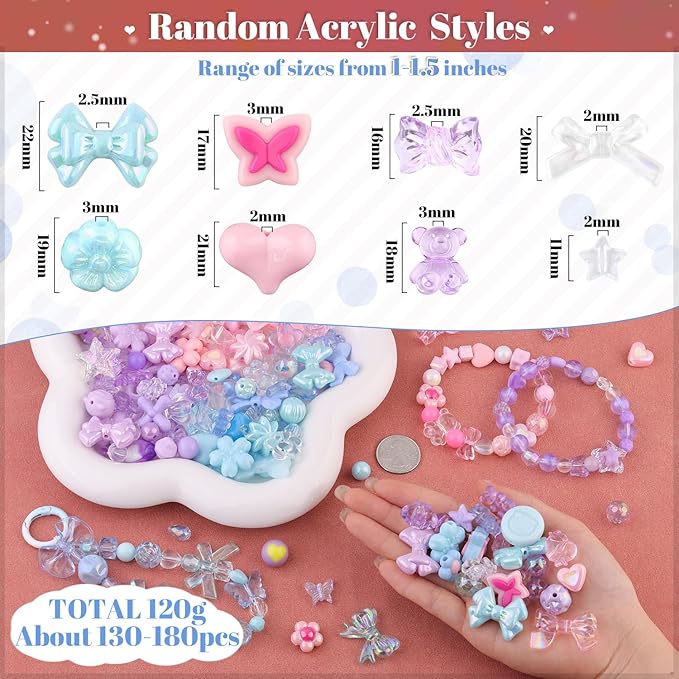 Assorted Acrylic Beads, 130-180PCS 3 Mixed Colors Cute Beads for Bracelet Making, GummyBear Bow Flower Kawaii Charms for Jewelry Making DIY Necklace Keychain Phone Charm Christmas Gift