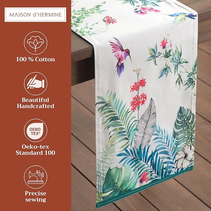 Maison d' Hermine Table Runner 100% Cotton Single Layer Table Runners 108 inches Long Decorative for Kitchen Dining Party Baby Shower Wedding Bridal Shower Spring Summer (Tropiques, 14.50" x 108")