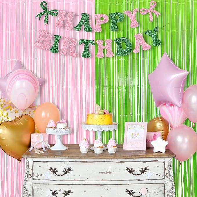 BRAVESHINE Party Streamers Backdrop - 2 Pack 3.2ft X 8.2ft Tinsel Foil Fringe Curtains for Christmas/Fairy/Girl/Birthdays/Wizard/Bridal/Baby Shower/Photos Booths/Pink and Green Party Decorations