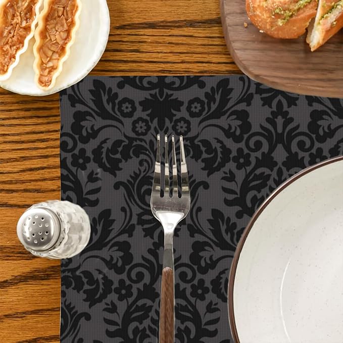 Placemats Set of 4 Vintage Black Damask Floral Dining Place Mats Linen Table Mat for Farmhouse Home Kitchen Decor 12 X 18 Inch
