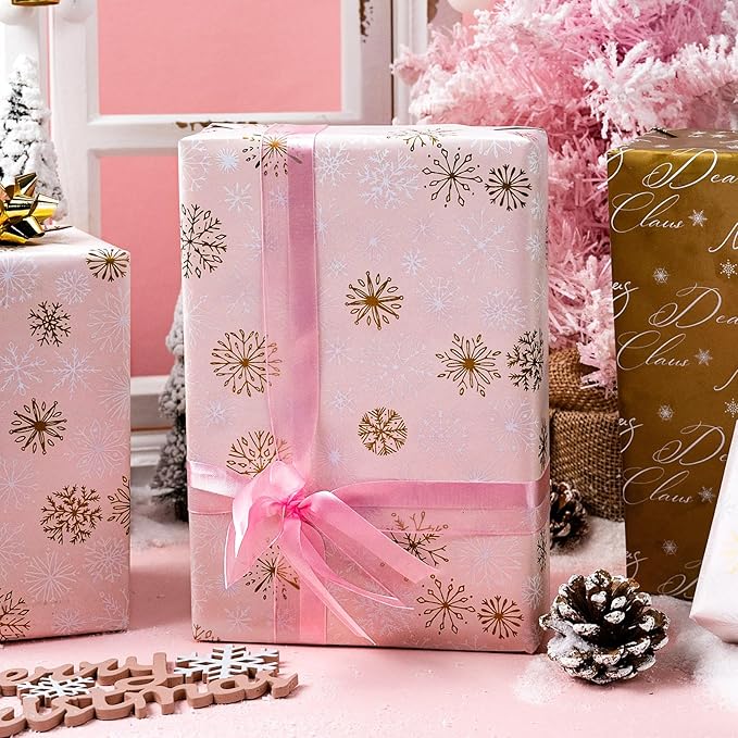 Yarcony Pink Christmas Wrapping Paper Roll, Gold Snowflakes Wrapping Paper, Reversible Pastel Winter Snowflake Theme Christmas Gift Wrap for Holiday Present, Gift Packaging, Party(17Inch x 33Feet)