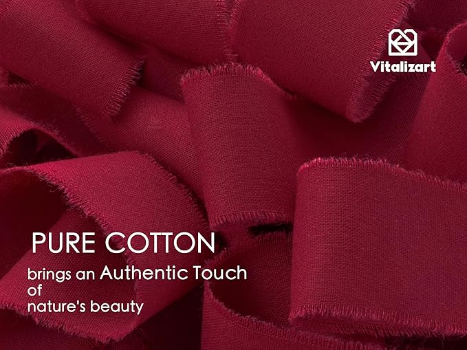 Vitalizart Burgundy Red Ribbon 1-1/2" x 15 Yd 100% Cotton Handmade Frayed Fringe Fabric Ribbons for Gift Wrapping Wedding Invites Bridal Shower Bouquets Christmas Decorations