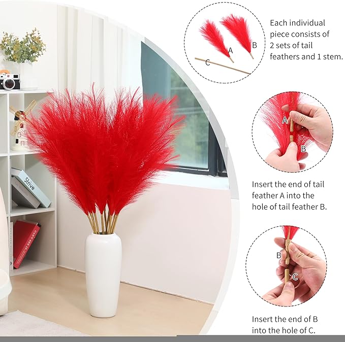 9 Stems Red Pampas Grass - 38 Inch Tall Fluffy Faux Pampas Grass Decor, Long Artificial Pompas Floral for Living Room, Wedding Centerpieces and Home Decor (Red)