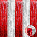 4 Pack Foil Fringe Curtain Backdrop, 3.28Ft x 8.2Ft Metallic Tinsel Foil Fringe Streamers Curtains for Photo Booth, Wedding, Circus Welcome Carnival Birthday Party Decoration Silver Red