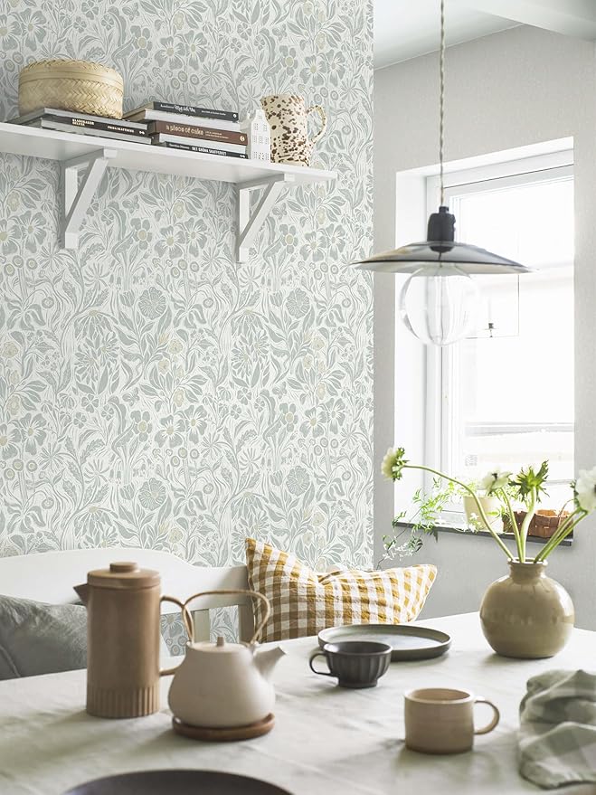 Heroad Floral Contact Paper Green Peel and Stick Wallpaper Botanical Self Adhesive Removable Stick on Wall Paper for Cabinets Drawers Waterproof Bathroom Pantry Wall Decor Vinyl Roll 17.3''x78.7''