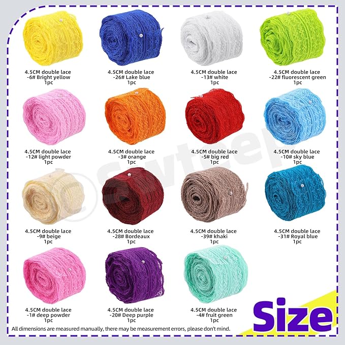 Swpeet 15 Rolls in Total 165 Yards 4.5cm×11 Yards Colorful Lace Ribbon Bilateral Floral Pattern Fabric, Vintage Trim Ribbon Crafting Lace for Decorating, Gift Wrapping