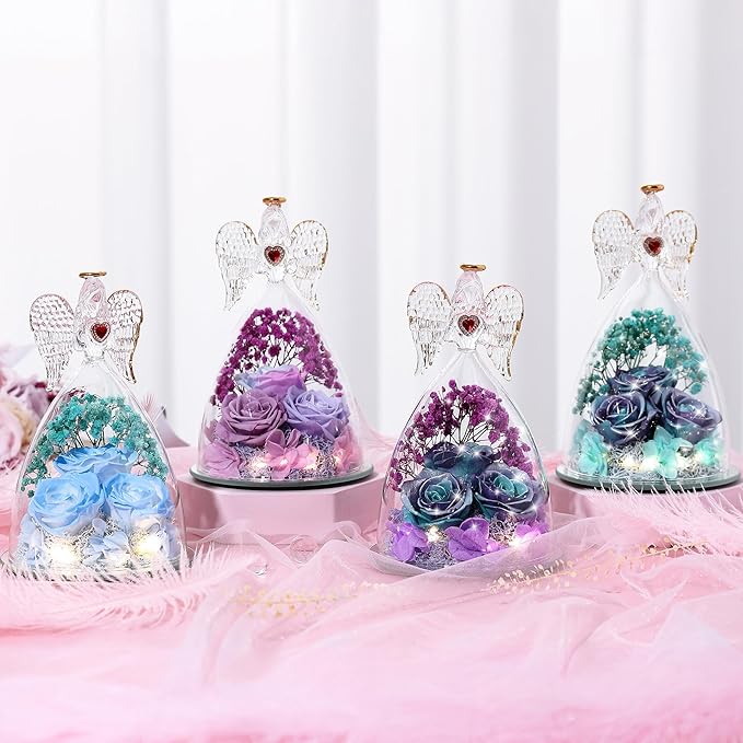 Mothers Day Rose Gifts for Women, Large Angel Figurines with Real Roses, Preserved Real Flower Rose for HerGlitterPurpleAquablue