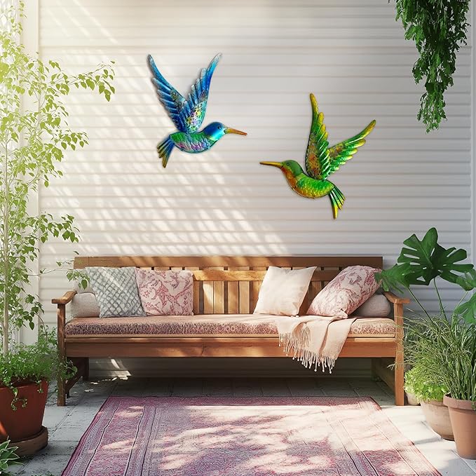 HONGLAND Metal Hummingbird Wall Art 12inch Metal Birds Wall Sculpture Garden Decoration Outdoor Statue Patio Fence Hanging Plaques 2 Pack（Blue-Green）