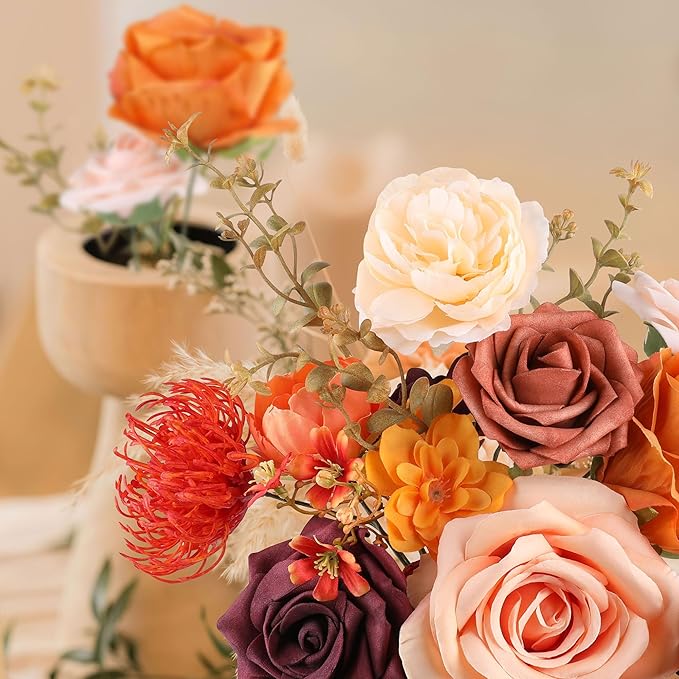 AGIRL Artificial Flowers Combo Silk Mix Terracotta Fake Flower with Stems for DIY Wedding Bouquets Centerpieces Arrangements Table Chair Decor Baby Shower Home Decor (Terracotta)