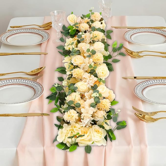 TFCFL Artificial Flowers Row, 39.5" X 12" Wedding Arch Faux Floral Swags, 3D Flower Panels Arrangement, DIY Wall Backdrop for Wedding Party Table Runner Decoration (Champagne)