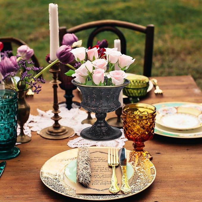 FUOYLOO Vintage Metal Urn Planter, Tall Urn Planter for Indoor Outdoor Plants, Farmhouse Bucket Flower Pots, Garden Pillar Flowerpot, Suitable for Home Office Wedding Desktop Ornament