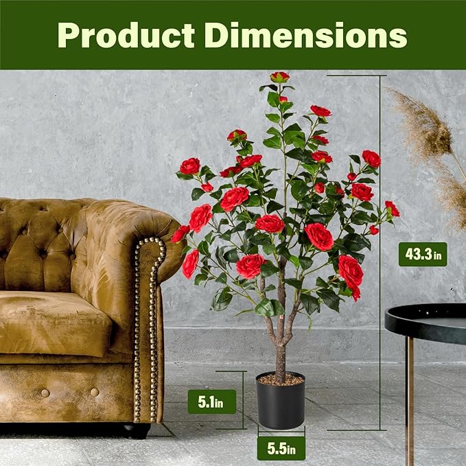 Artificial Camellia Tree,2Pack 3.6FT Faux Red Camellia Plants in Pots,Lifelike Artificial Flower Trees for Indoor Outdoor Home Decor,Realistic Blooming Faux Plants for Living Room Porch Patio Office