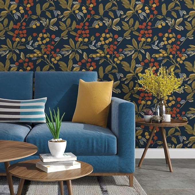 Navy Blue Floral Wallpaper Peel and Stick, Vintage Contact Paper 17.5" x 118", Dark Leaf Botanical Boho Wall Paper Self Adhesive Waterproof Removable for Room Shelve Cabinet Drawer Table Decor