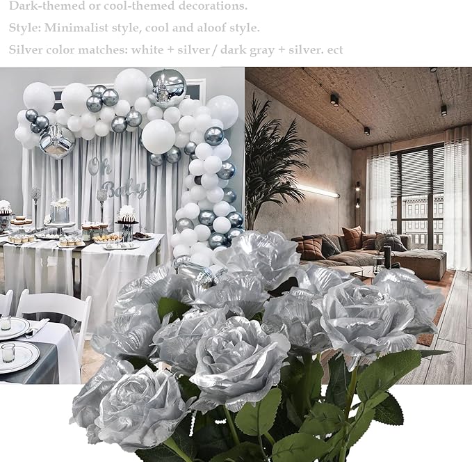 12 PCS Artificial Flowers Silver Roses, Silk Flowers Fake Long Stem Artificial Roses for Home Wedding Bathroom Kitchen Decorations (Silver)