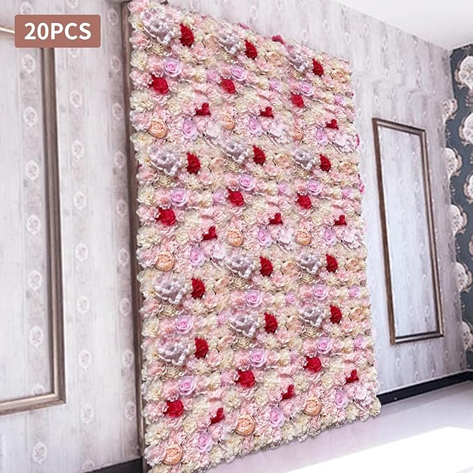 20 Pack Flowers Wall Panels Artificial Floral Wall Mat Handmade 3D Silk Rose Hydrangea Dahlia Floral Panels for Photo Background Home Party Wedding Backdrop Decoration, 24 x 16 inch (E)