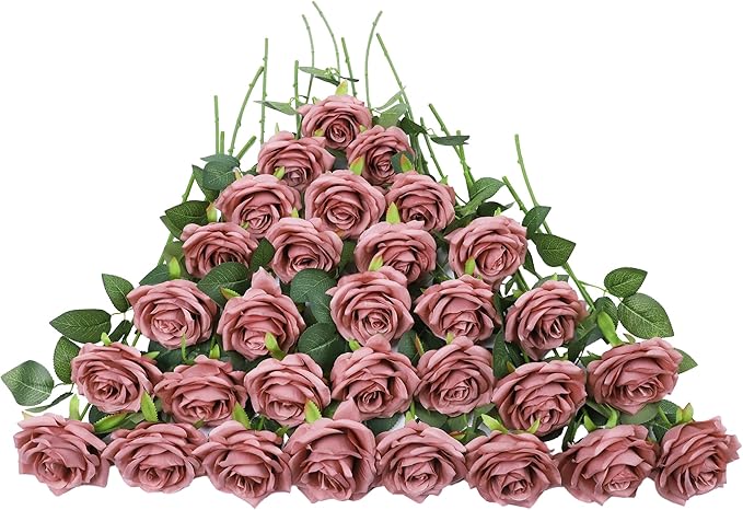 30 Pcs Artificial Rose Flower Dusty Rose Flowers Silk Flowers with Long Stem Silk Roses Bouquet for Wedding Bridal Shower Party Home Decoration
