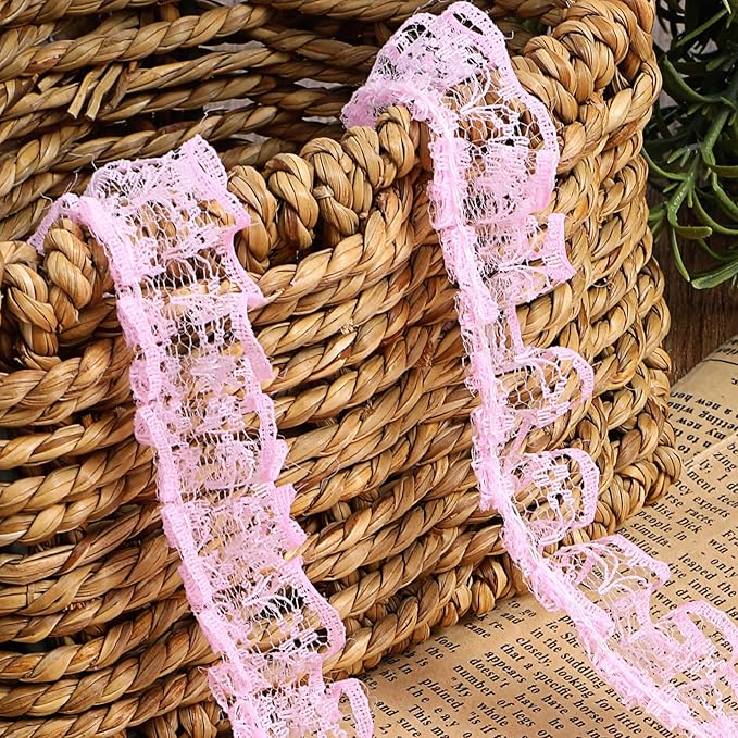 10 Yards Pleated Organza Pink Lace Edge Gathered Mesh Trim Ribbon 0.9 Inches Vintage Edging Trimmings Fabric Laces Trim Sewing Crafts Lace for Gift Wrapping Dress Decoration Wedding Bouquet