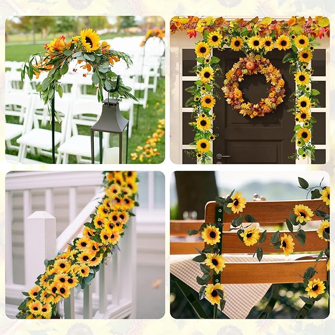 2 Pack Sunflower Garland Decorations,7.5ft Artificial Silk Sunflowers,Fake Vines with Green Leaves Hanging Flower Garlands for Birthday Party Backdrop Wedding Table Decor