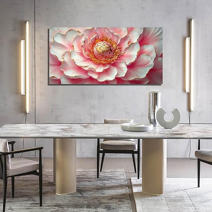 Pink & White Peony Floral Canvas Wall Art with Gold Accents, Abstract Flower Pictures for Living Room Bedroom Wall Decor, Horizontal Printed Painting Artwork Home Decorations, Size 48x24 Inches