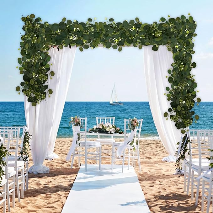 4Pcs Eucalyptus Garland, 6FT Green Flower Garland Decor, Artificial Faux Eucalyptus Leaves Greenery Vines for Table Runner Wedding Bedroom Mantle Centerpieces Backdrop Decorations