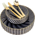 YOUBET 125PCS Clear Black Plastic Plates - Black and Gold Disposable Plates Include 50 Plate, 75 Gold Silverware for Wedding & Party & Birthday New Year