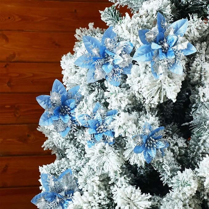 Geosar 36 Pcs Christmas Glitter Artificial Poinsettia Flowers Xmas Poinsettia Artificial Wedding Flowers Decorations Xmas Tree Ornaments with Clips for Party, 6 Inch, 4 Inch, 3 Inch(Silver and Blue)