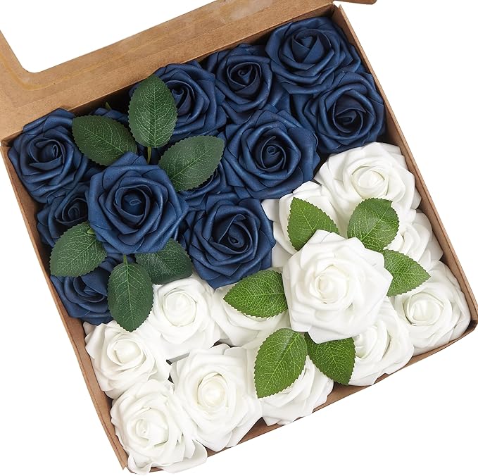 Artificial Flowers, 25pcs Blue and White Fake Flower for DIY Wedding Bouquets Centerpieces Arrangements, Artificial Rose with Stem for Party Home Decorations