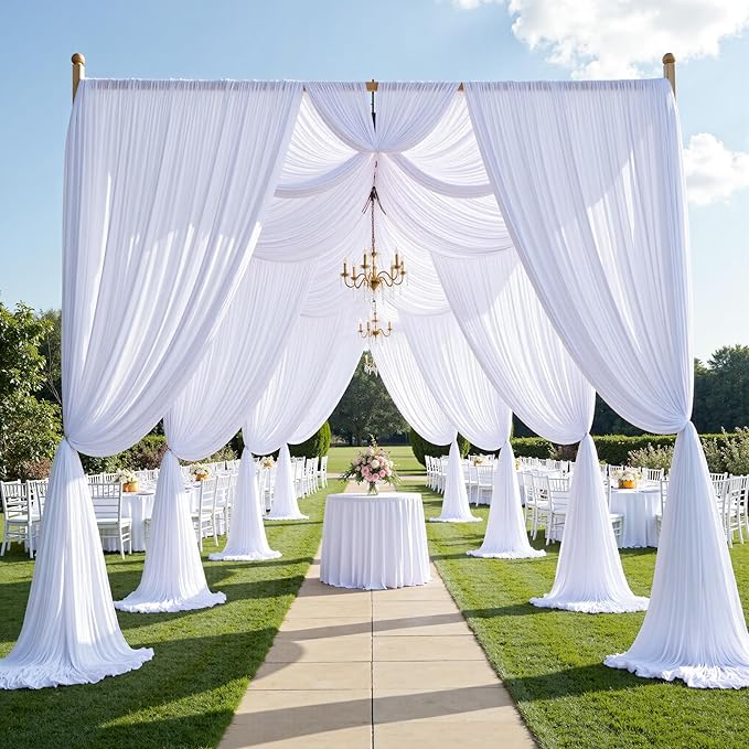 PartyVillage 60ft×15ft White Backdrop Curtain for Wedding Parties, 12 Panels Wrinkle Free 15 FT Long Polyester Photo Backdrop Drapes Back Drop Cloth for Birthday Photography Background