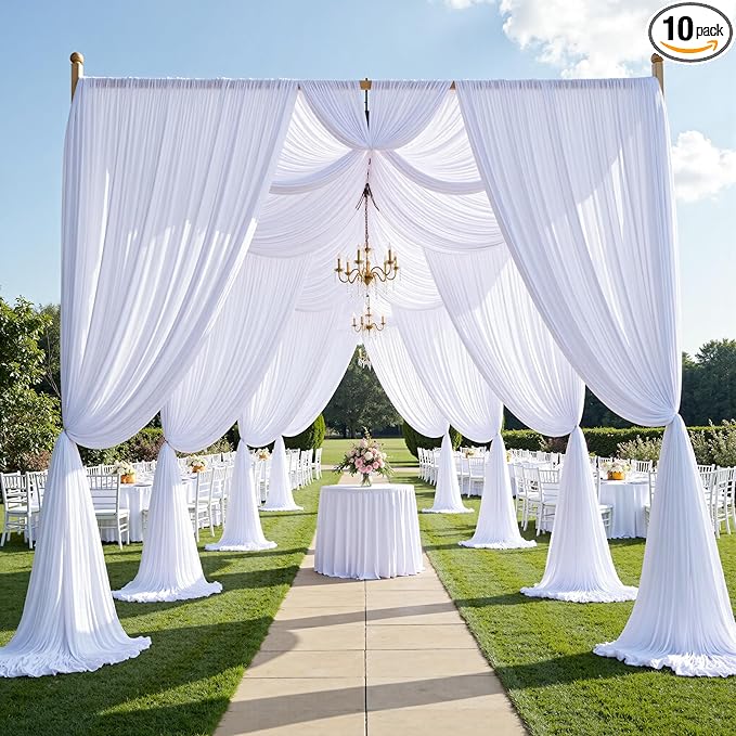 PartyVillage 50ft×15ft White Backdrop Curtain for Wedding Parties, 10 Panels Wrinkle Free 15 FT Long Polyester Photo Backdrop Drapes Back Drop Cloth for Birthday Photography Background