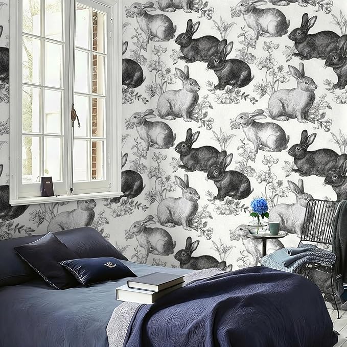 Floral Peel and Stick Vintage Animal Wallpaper Rabbit Removable Botanical Leaf Sketch 17.7" x 236.22" Wall Paper Self Adhesive Contact Paper for Classroom Bedroom Laundry Room Bathroom