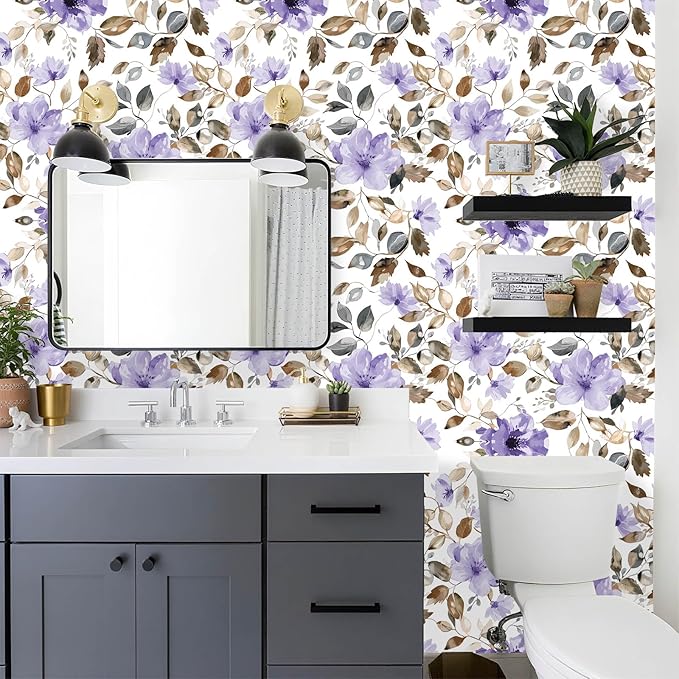 Purple Floral Peel and Stick Wallpaper Modern Contact Paper Waterproof Removable Self Adhesive Botanical Flower Wall Paper for Bathroom Bedroom Cabinets Vinyl Wallpaper 17.7" X 124"