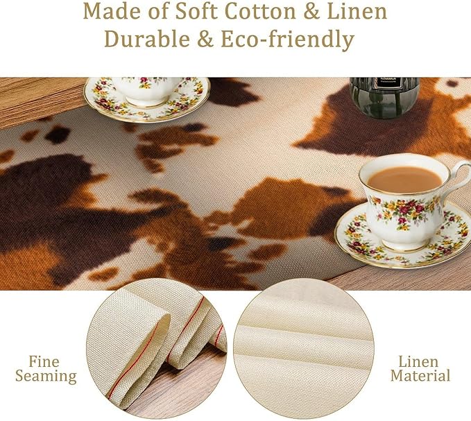 Cow Print Table Runner, Brown Cowhide Print Western Style Table Runner Country Farmhouse Cottage Cow Patten Table Decoration for Home Kitchen Dining, 13x60 Inch