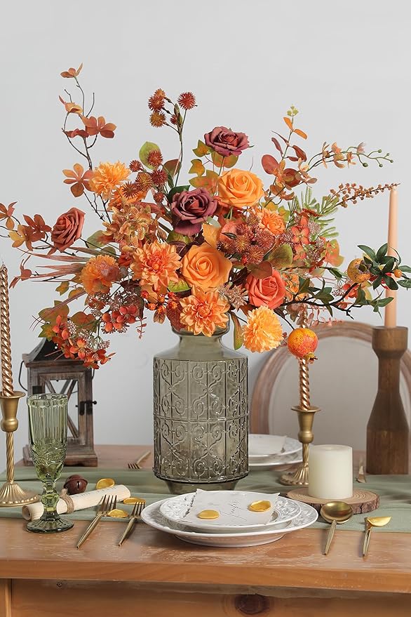 Fall Orange Artificial Flowers Combo Box Set Gradient Color Flower Leaf with Stems for DIY Wedding Bouquets Centerpieces Baby Shower Party Home Decorations