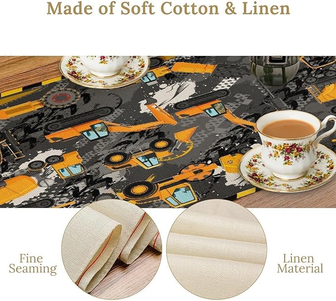Cartoon Car Table Runner,Boy Kids Construction Yellow Tractor Excavator Tablecloth Burlap for Hotel Indoors Outdoor Dining Room Kitchen Home Decor,W13X L80 in