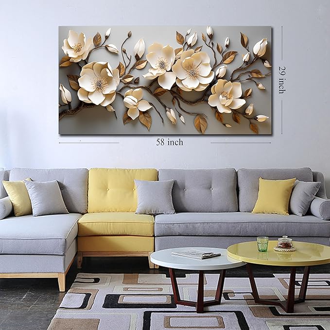 Flower Pictures Wall Art for Bedroom Modern Art Wall Decor for Bedroom White and Gold Canvas Print Wall Art Large Size 29 x 58 Inch