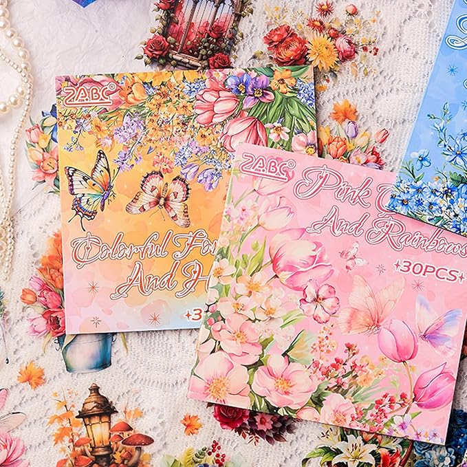 Floral Stickers Set,30 Sheets Pink Waterproof PET Clear Flower Stickers for Scrapbooking Journaling Bullet Journal Junk Journal Supplies