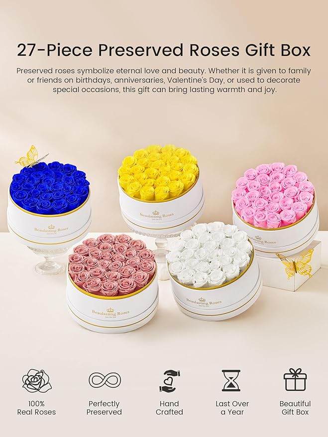 Preserved Roses Forever Flowers Real Roses in a Box Mother's Day Birthday Flowers for Her Mom Women Wife Valentine's Day, 27 White Roses