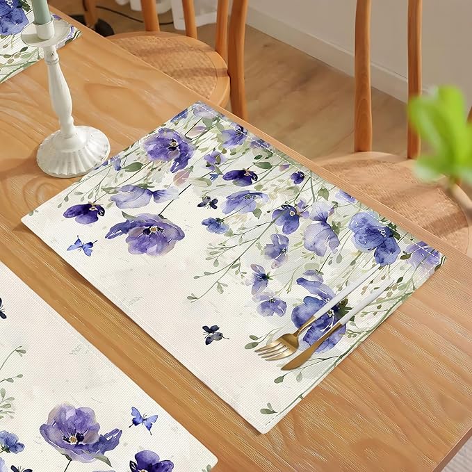 Farmhouse Flowers Placemats Set of 4 Butterfly Lavender Floral Plants Flower Leaves Placemats Rustic Floral Waterproof Washable Table Placemats for Dining Kitchen Decoration 4 PCS
