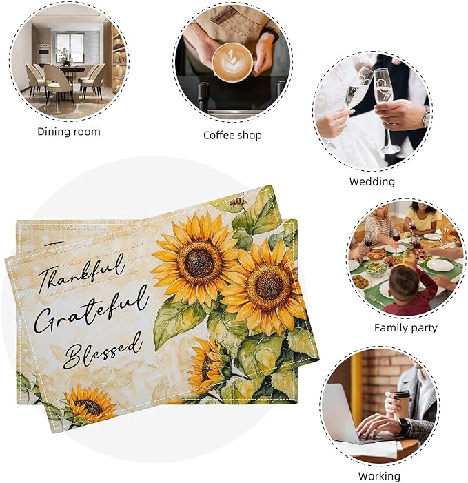 Farmhouse Sunflower Placemats Set of 6, Thankful Grateful Blessed Place Mats, Rustic Bee Dining Table Mats, Washable Placemats for Kitchen Dining Room Home Decor 18L'' × 12W''