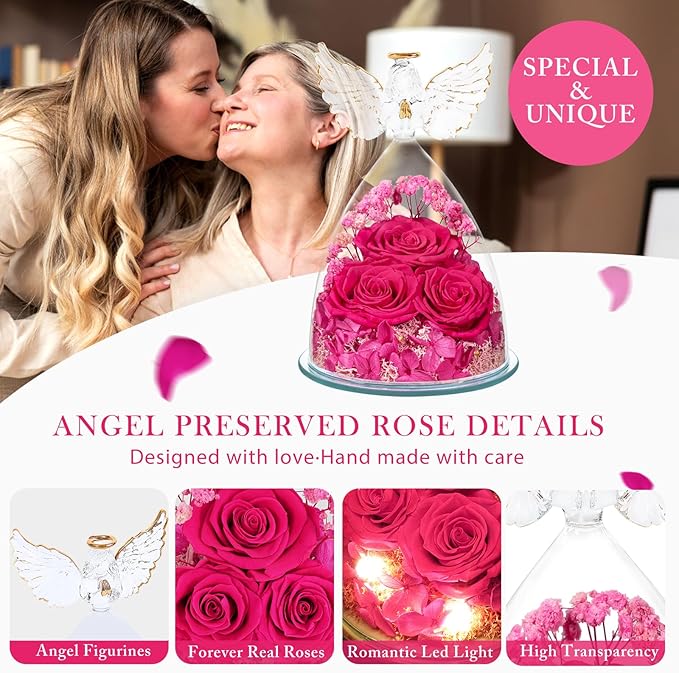 Preserved Flower Rose Gifts for Women, Forever Eternal Fresh Flowers in Glass Angel Figurines Flowers for Delivery Prime for Grandma Mom from Daughter Sister Her Wife on Mothers Day Birthday Christmas
