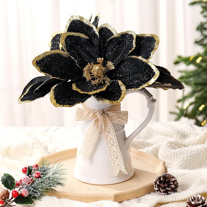 8 Pcs Large Christmas Flower Magnolia Flowers Christmas Tree Decoration Artificial Poinsettia Stems Velvet Xmas Ornaments for Xmas Tree Table Decor(Black,12 Inch)