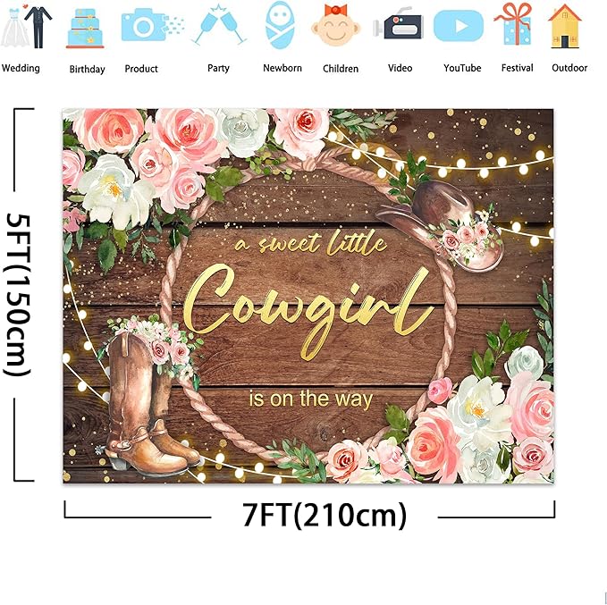 SVBright Western Cowgirl Baby Shower Backdrop 7Wx5H Rustic Country Rural Wood Board Plank Pink Floral Retro Bohemian Hat Plant Botanical Decorations Photography Background Banner Photo Booth Studio