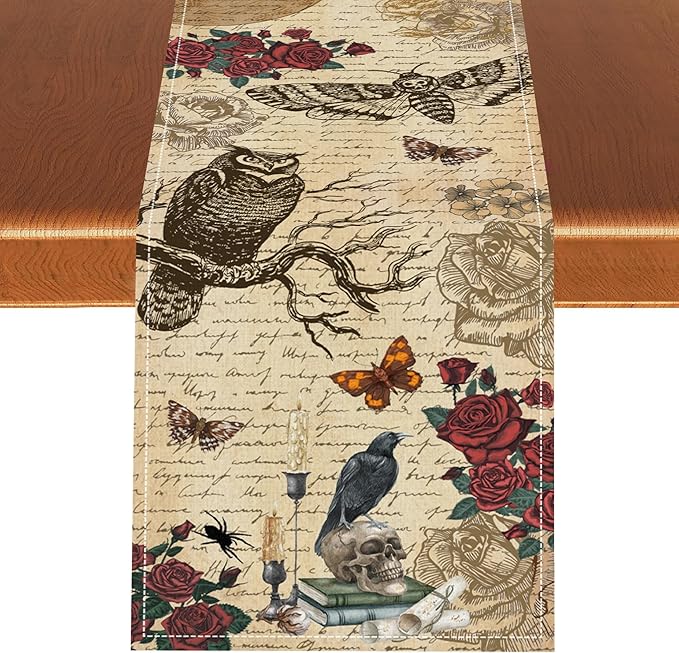 Gothic Floral Table Runner, Retro Dark Skull Moth Vintage Flower Halloween Day of Death Witchy Coffee Table Center Decor for Home Kitchen Dining Patio Holiday Party Table Decorations 13x72 inches