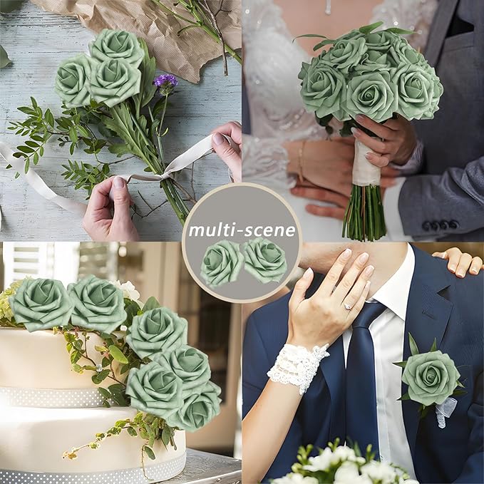 200PCS Elf Green Artificial Flowers Roses Real Looking Foam Fake Roses with Leaves for DIY Wedding Bouquets Bridal Shower Party Decorations (Elf Green, 200)