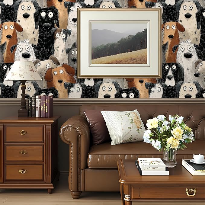 Cute Animal Peel and Stick Contact Paper Funny Modern Dog Funky Removable Wallpaper 17.7" x 118.11" Wall Paper Watercolor Self Adhesive for Classroom Bedroom Laundry Room Bathroom