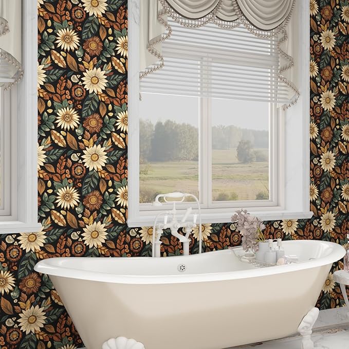 Boho Wallpaper Peel and Stick,Vintage Black Brown/Green Floral Contact Paper 17.5" x 118", Retro Flower Botanical Wall Paper Self Adhesive Removable Waterproof for Walls Shelves Cabinet Table Decor